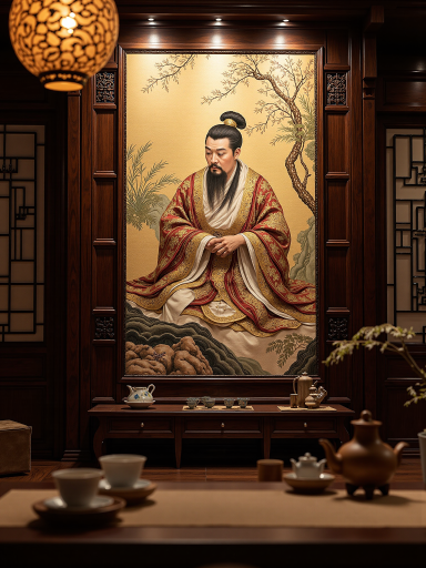 明代中年男性学者肖像，身着传统长袍，手持书卷，背景为书房环境，温暖灯光照射，古典风格