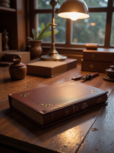 古籍书籍封面,线装书样式,深色封皮,金色边框装饰,古典书法字体,古代书房背景