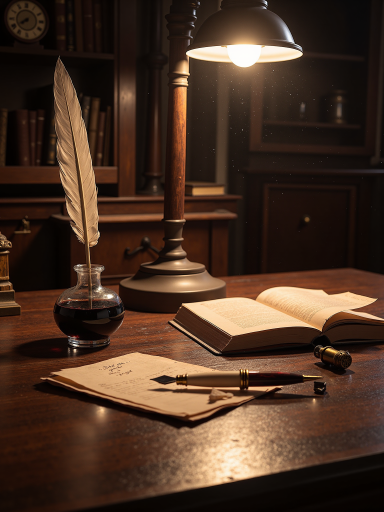 古代书房场景,书架上摆放大量古籍,毛笔和砚台,古典装饰元素,暖色调光线